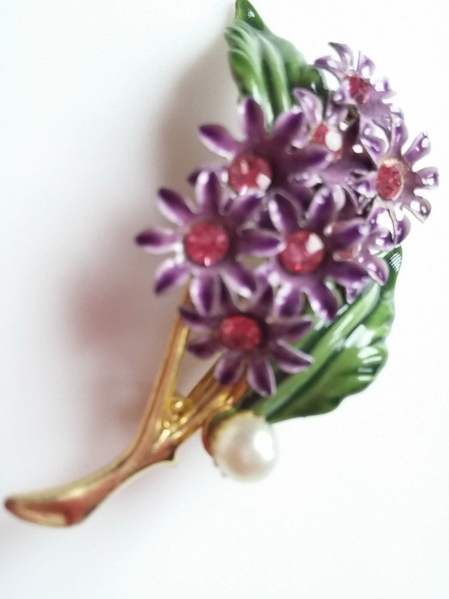 Vintage Brooch Purple Enamel Flower Bunch w/ Pink Rhinestone & Pearl Accent - Dirty30 Vintage