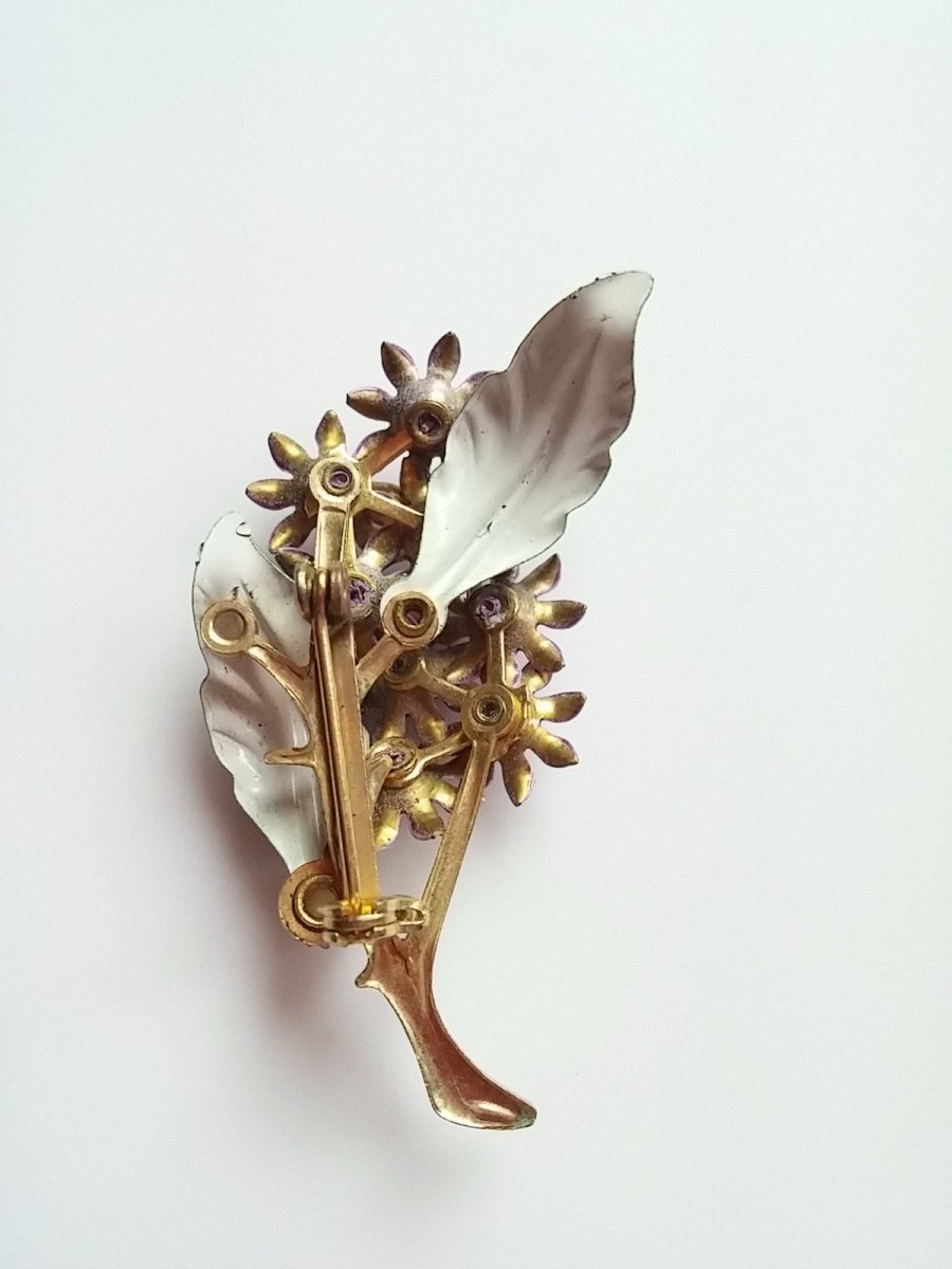 Vintage Brooch Purple Enamel Flower Bunch w/ Pink Rhinestone & Pearl Accent - Dirty30 Vintage