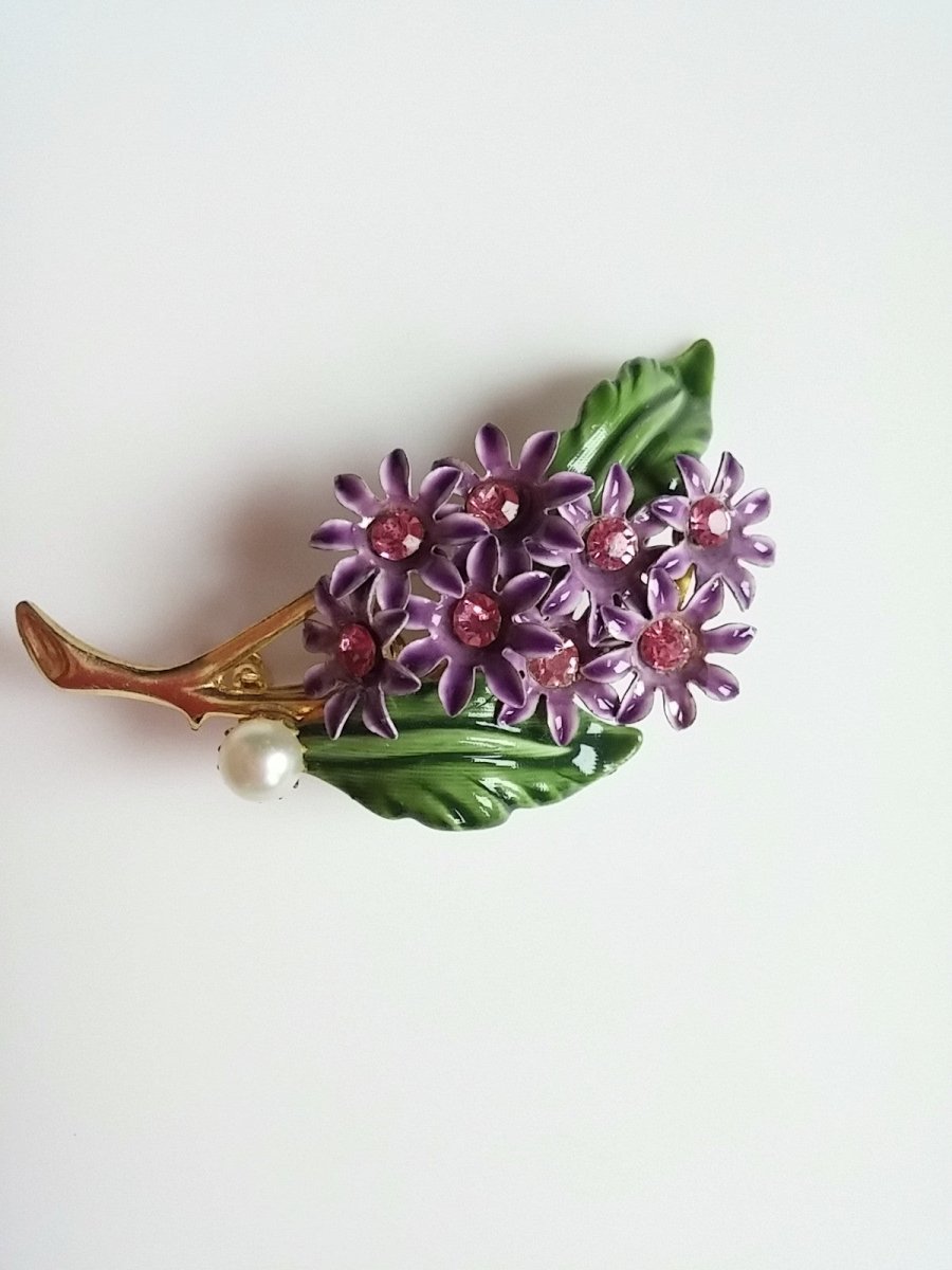 Vintage Brooch Purple Enamel Flower Bunch w/ Pink Rhinestone & Pearl Accent - Dirty30 Vintage
