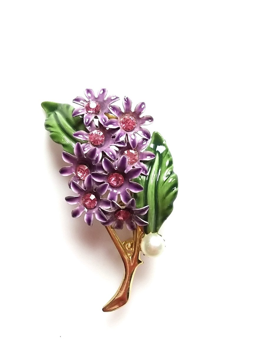 Vintage Brooch Purple Enamel Flower Bunch w/ Pink Rhinestone & Pearl Accent - Dirty30 Vintage