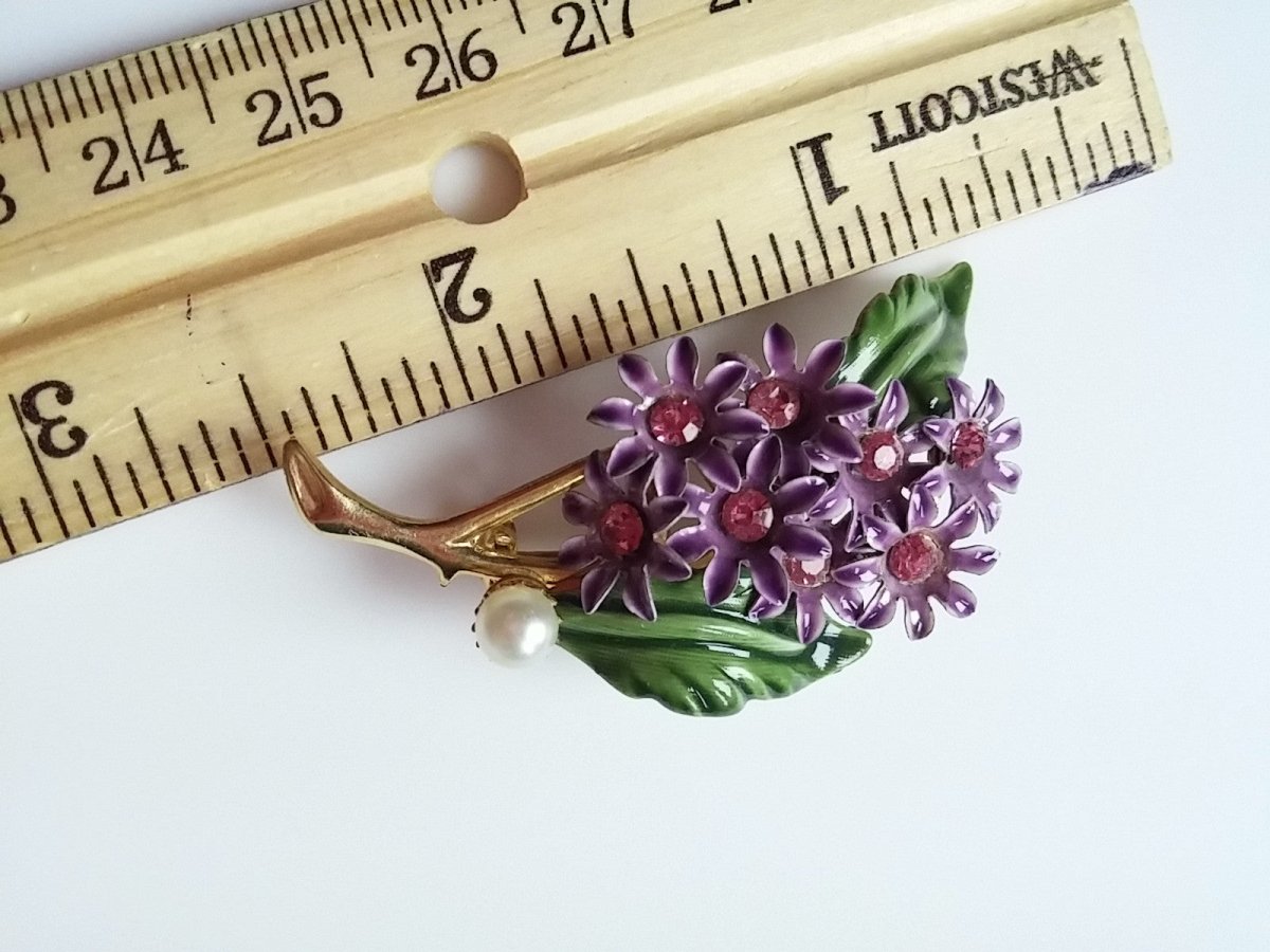 Vintage Brooch Purple Enamel Flower Bunch w/ Pink Rhinestone & Pearl Accent - Dirty30 Vintage