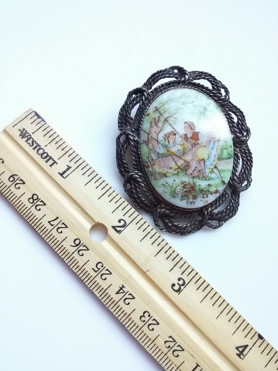 Vintage Brooch - Victorian Couple Swinging with Antiqued Rope Trim and Pendant Loop - Dirty30 Vintage