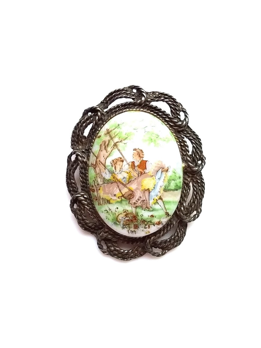 Vintage Brooch - Victorian Couple Swinging with Antiqued Rope Trim and Pendant Loop - Dirty30 Vintage