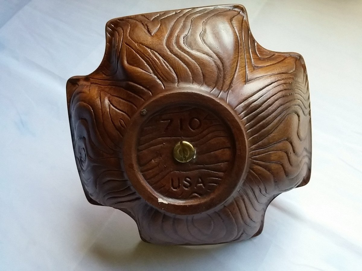 Vintage California Pottery Serving Dish Faux Wood and Ceramic Glaze Pottery Gold Handle Snack Dish - Dirty30 Vintage