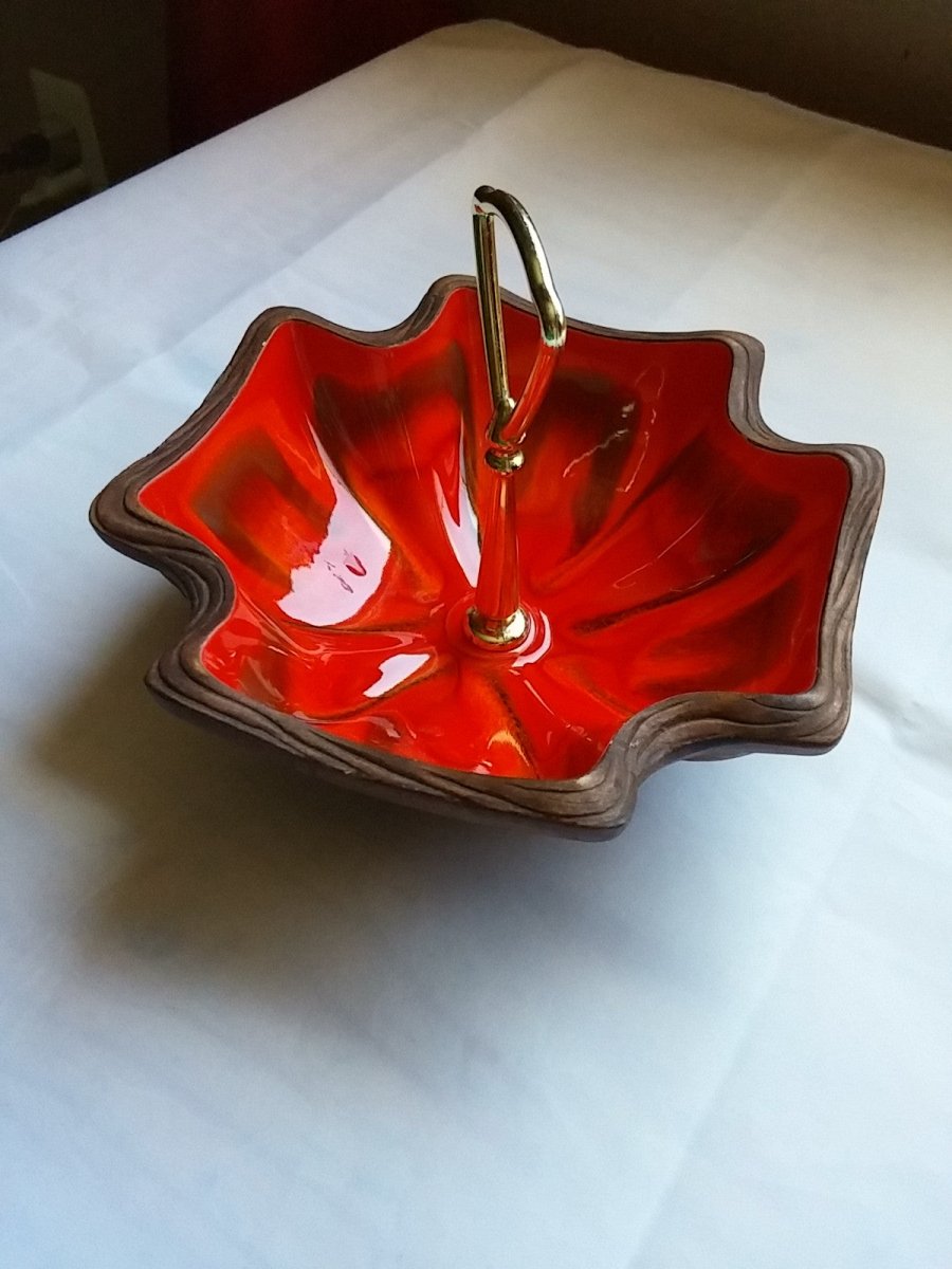 Vintage California Pottery Serving Dish Faux Wood and Ceramic Glaze Pottery Gold Handle Snack Dish - Dirty30 Vintage