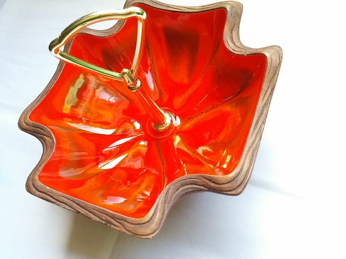Vintage California Pottery Serving Dish Faux Wood and Ceramic Glaze Pottery Gold Handle Snack Dish - Dirty30 Vintage