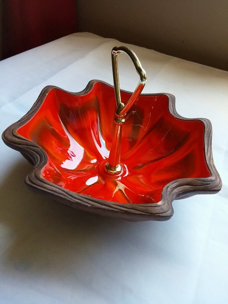 Vintage California Pottery Serving Dish Faux Wood and Ceramic Glaze Pottery Gold Handle Snack Dish - Dirty30 Vintage