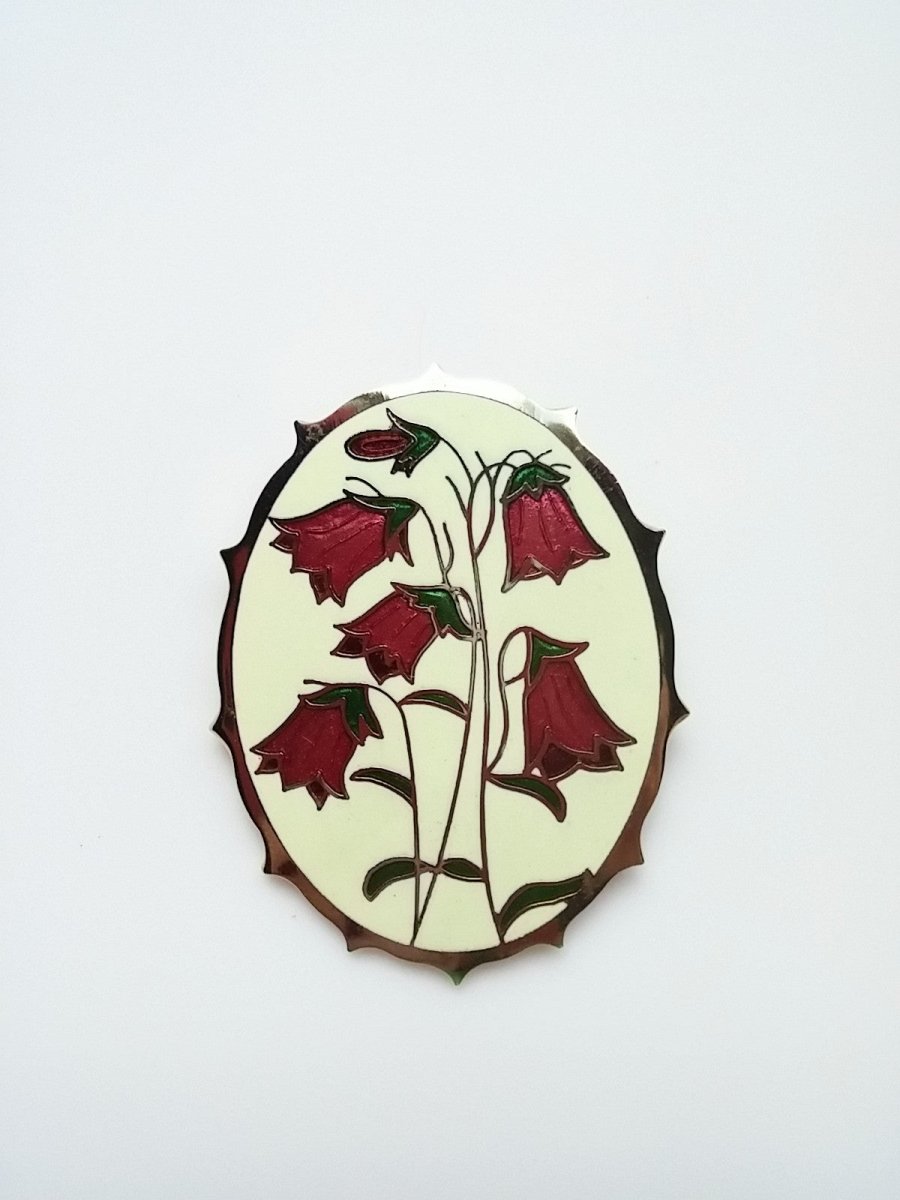 Vintage Cloisonne Brooch Oval Cream w/ Pink Bell Flowers - Dirty30 Vintage