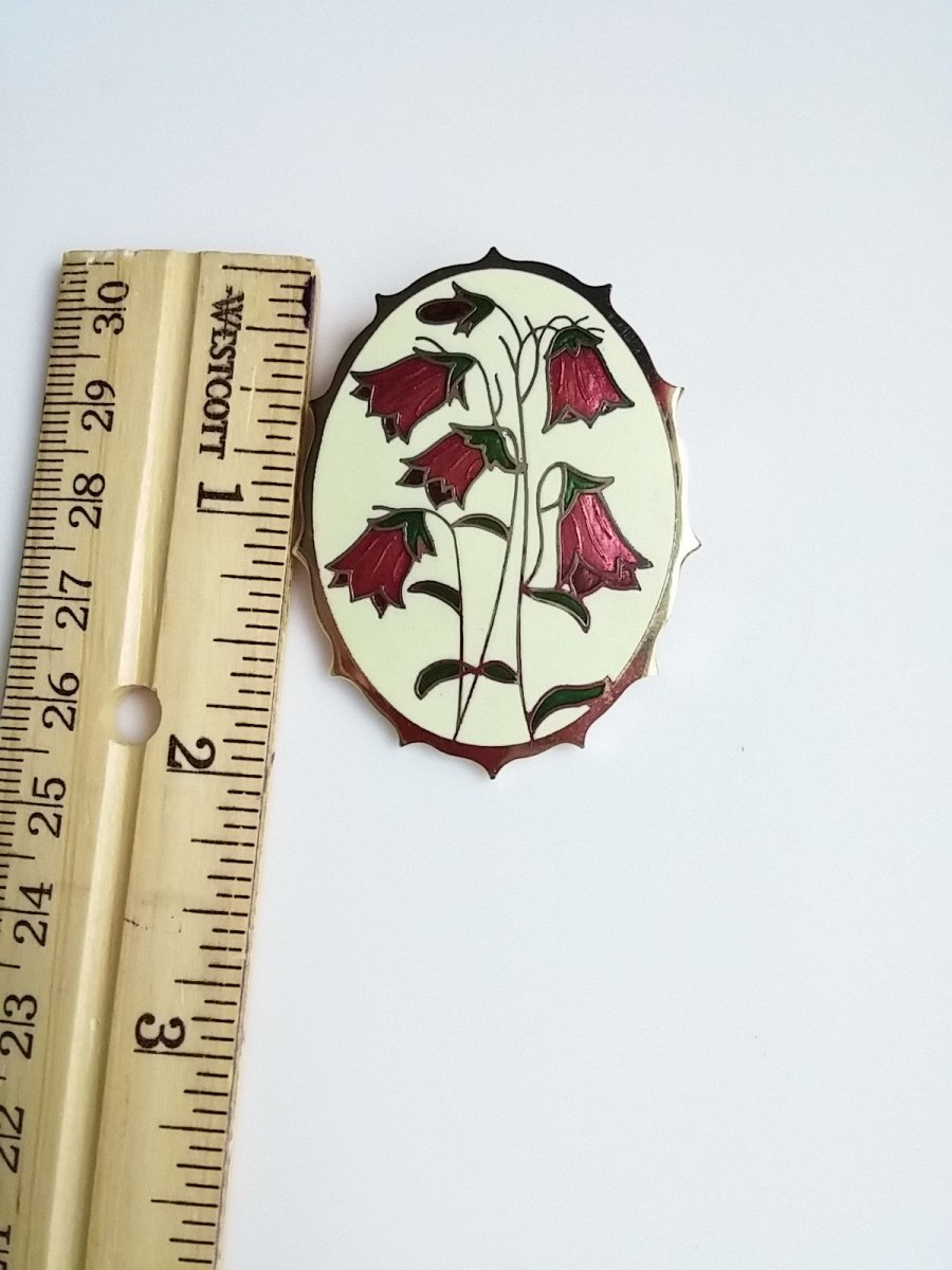 Vintage Cloisonne Brooch Oval Cream w/ Pink Bell Flowers - Dirty30 Vintage