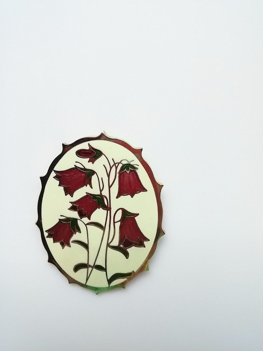 Vintage Cloisonne Brooch Oval Cream w/ Pink Bell Flowers - Dirty30 Vintage
