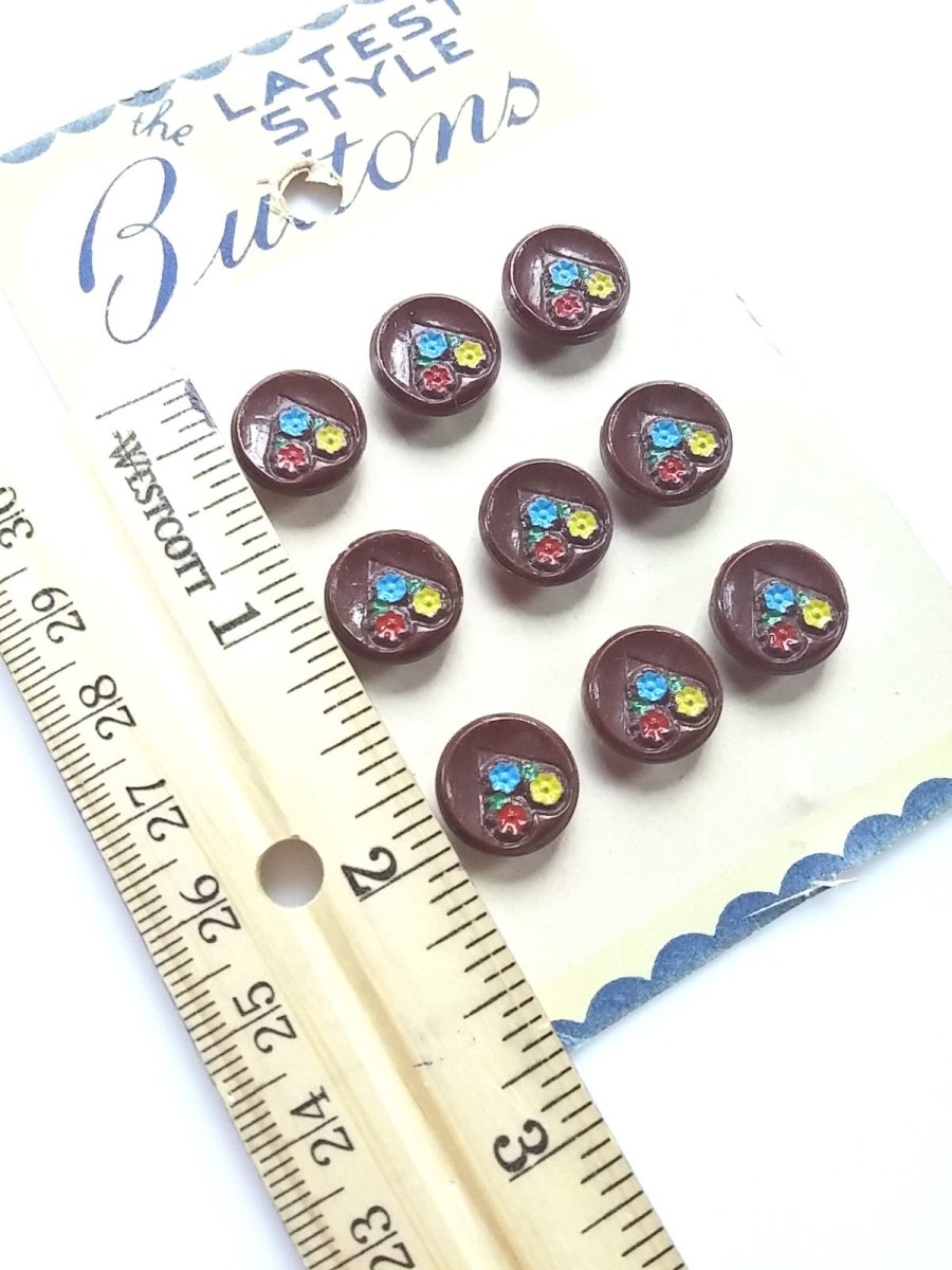 Vintage CZECH Buttons Round Shape Brown w/ Painted Flowers Set of 9 "Latest Style" Brand 1930s - Dirty30 Vintage