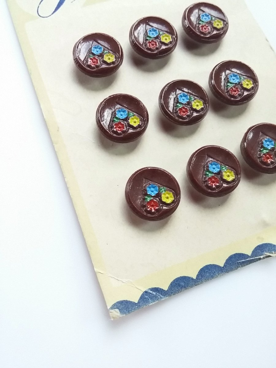Vintage CZECH Buttons Round Shape Brown w/ Painted Flowers Set of 9 "Latest Style" Brand 1930s - Dirty30 Vintage
