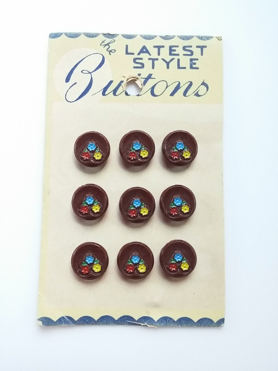 Vintage CZECH Buttons Round Shape Brown w/ Painted Flowers Set of 9 "Latest Style" Brand 1930s - Dirty30 Vintage