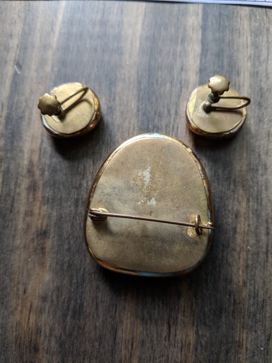 Vintage Enamel Hand Painted Brooch & Earrings - Dirty30 Vintage