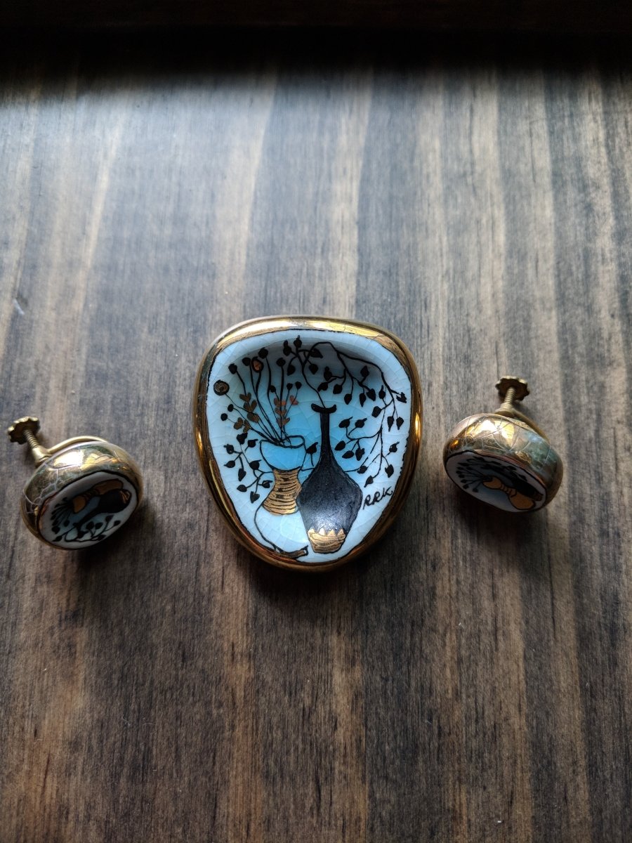 Vintage Enamel Hand Painted Brooch & Earrings - Dirty30 Vintage