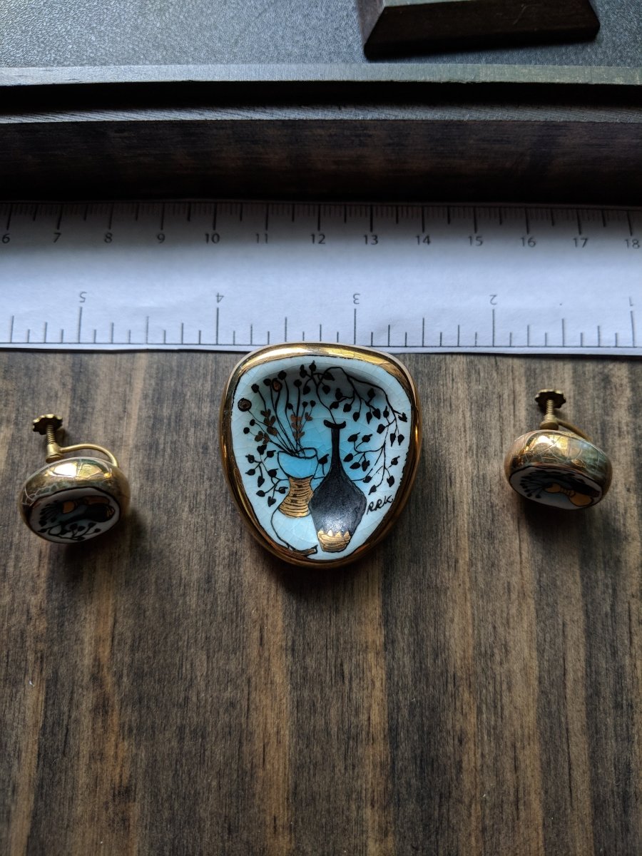 Vintage Enamel Hand Painted Brooch & Earrings - Dirty30 Vintage