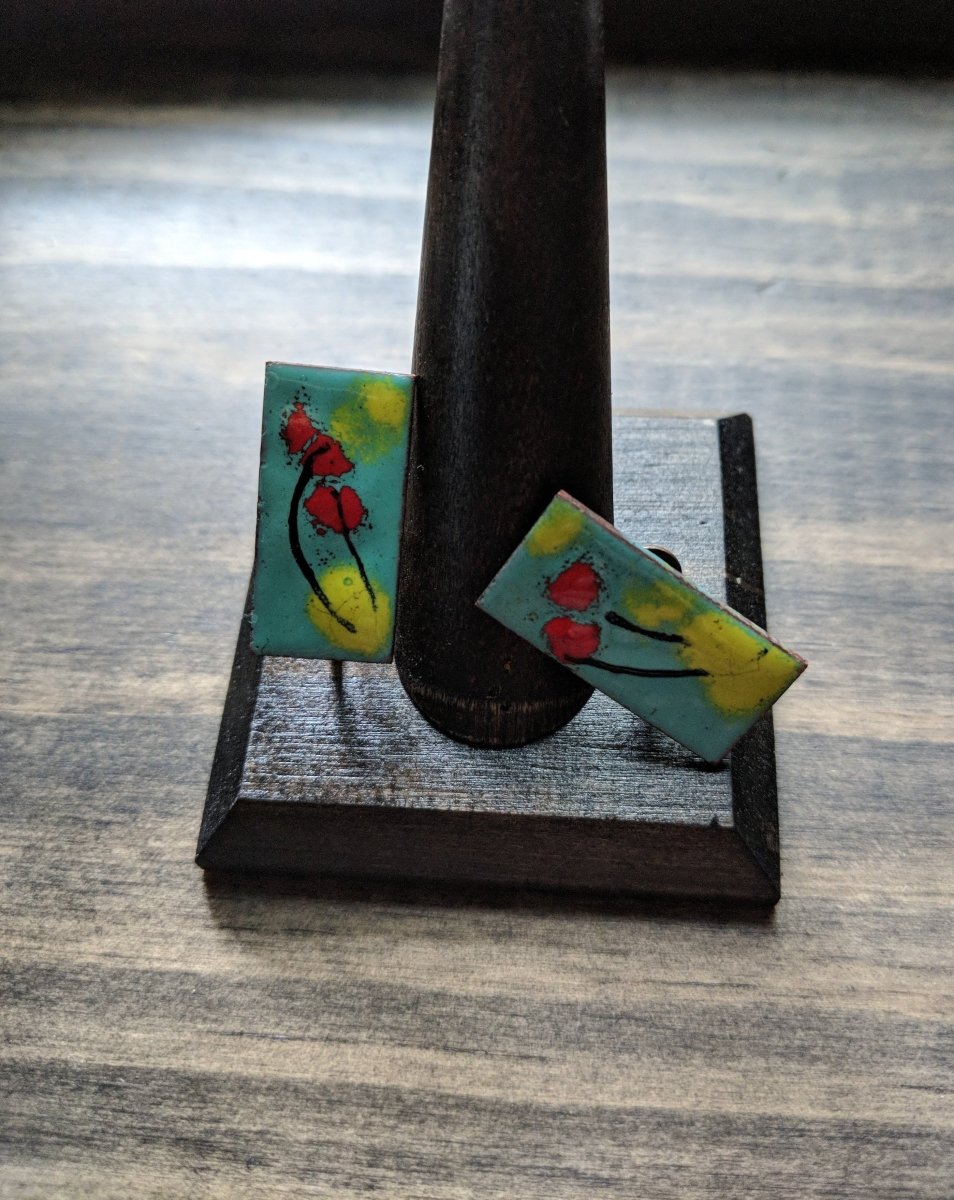 Vintage Enamel on Copper Earrings Modern Abstract Screw Back - Dirty30 Vintage