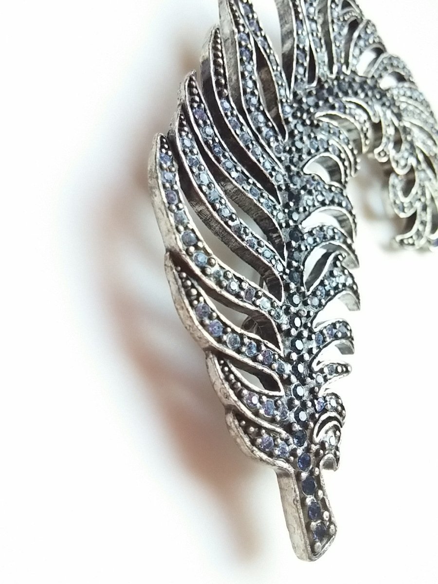Vintage Feather Brooch Silver Tone Blue Rhinestone Accent Plume Pegasus Large Pin - Dirty30 Vintage