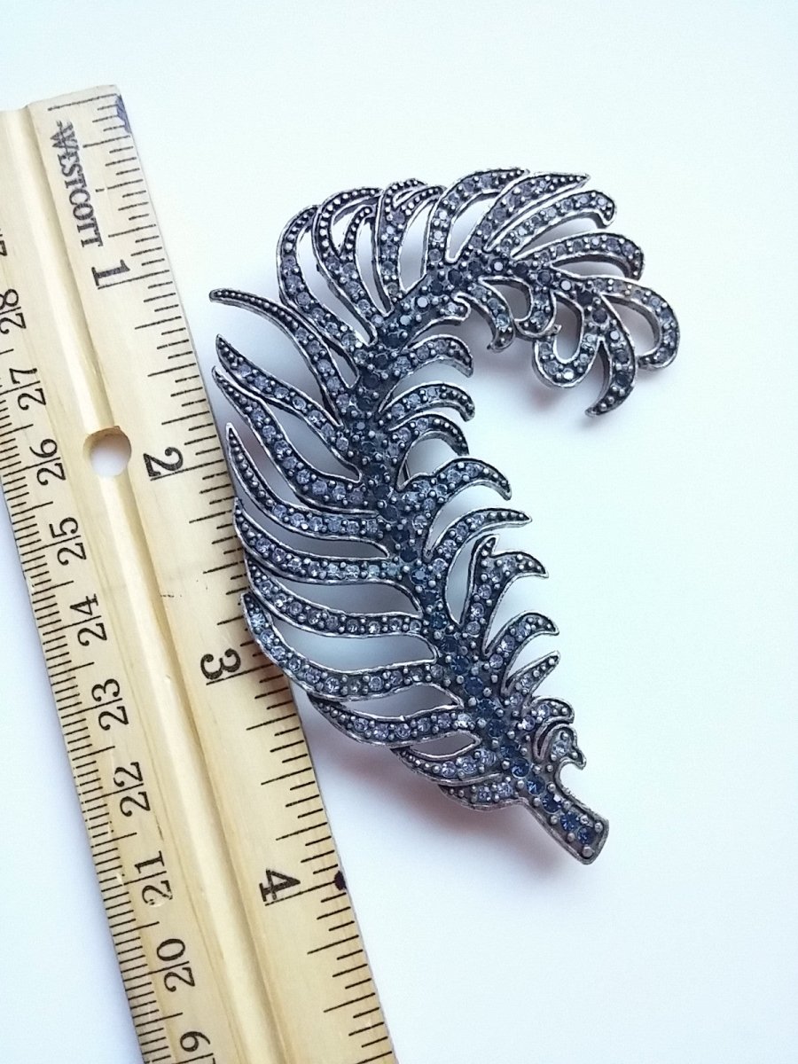 Vintage Feather Brooch Silver Tone Blue Rhinestone Accent Plume Pegasus Large Pin - Dirty30 Vintage