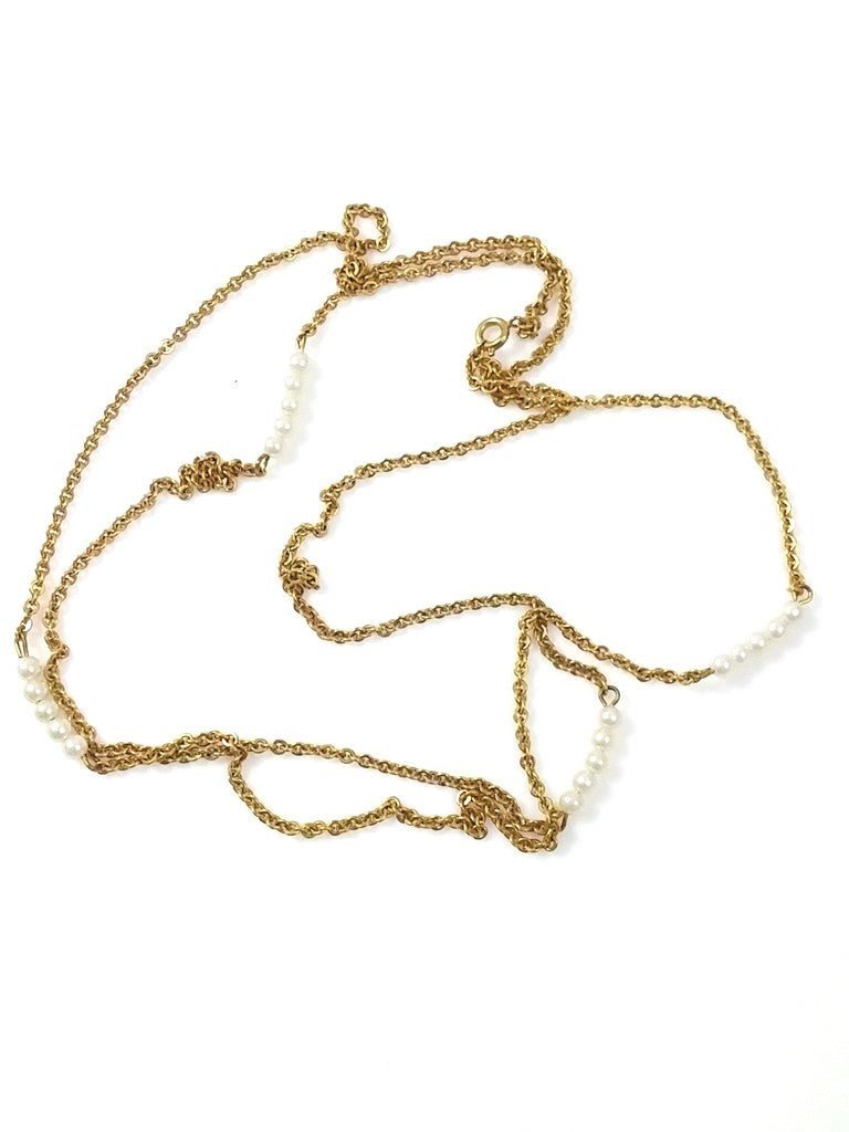 Vintage Gold Tone 40" Necklace w/ Faux Pearl Bar Stations - Dirty30 Vintage