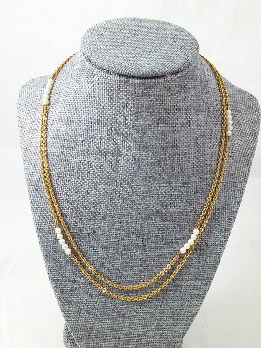 Vintage Gold Tone 40" Necklace w/ Faux Pearl Bar Stations - Dirty30 Vintage