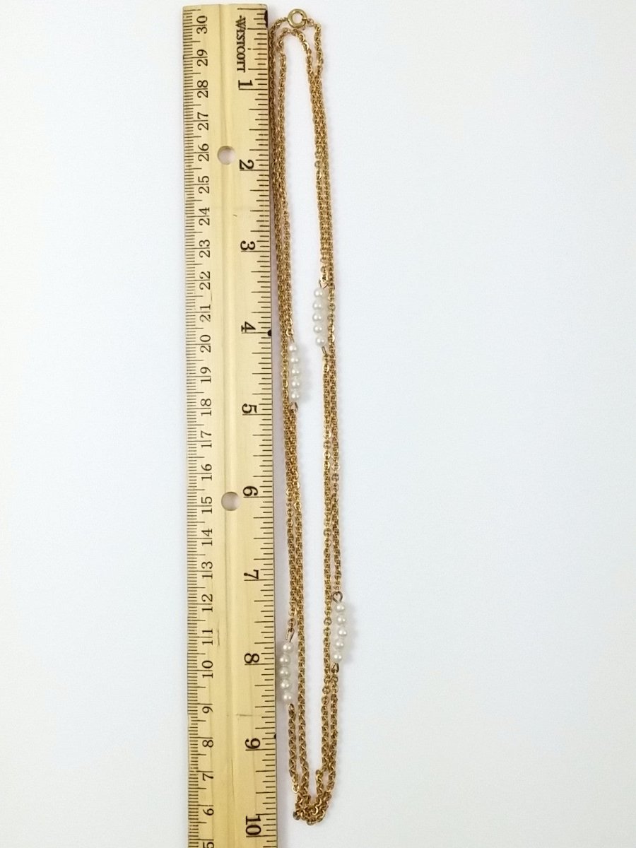 Vintage Gold Tone 40" Necklace w/ Faux Pearl Bar Stations - Dirty30 Vintage