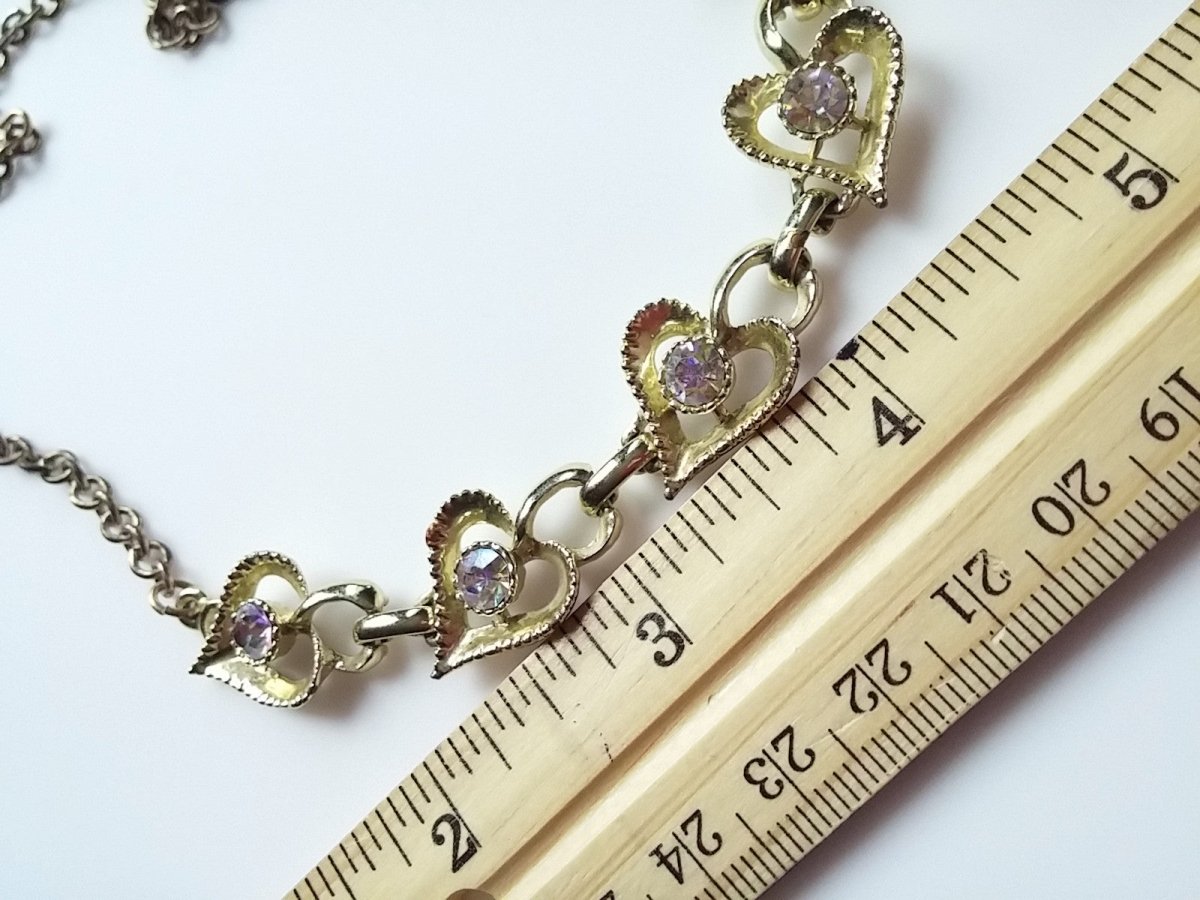 Vintage Heart Necklace w Aurora Borealis Rhinestone Accent Adjustable Chain - Dirty30 Vintage