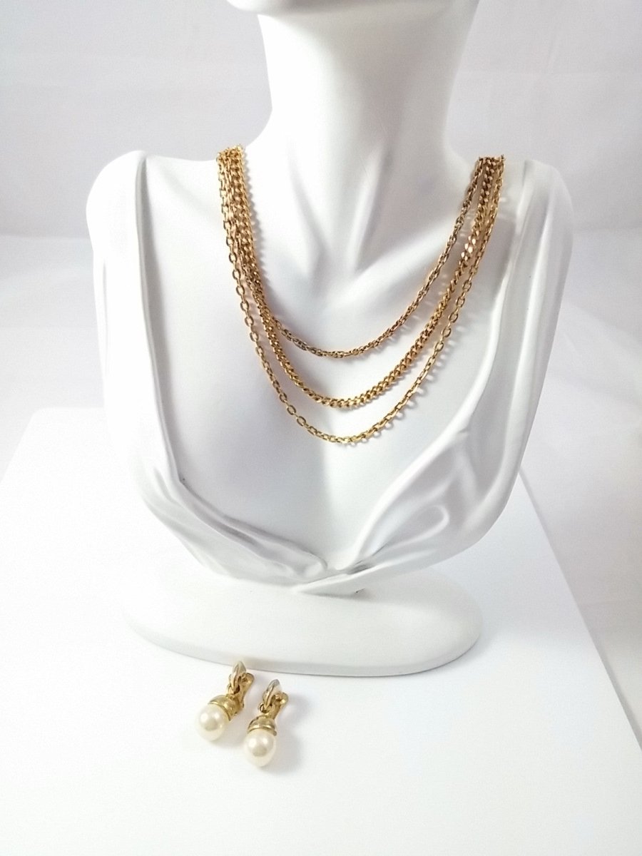 Vintage Jewelry Set 3 Strand Gold Tone Necklace and Pearl Drop Clip Earrings - Dirty30 Vintage