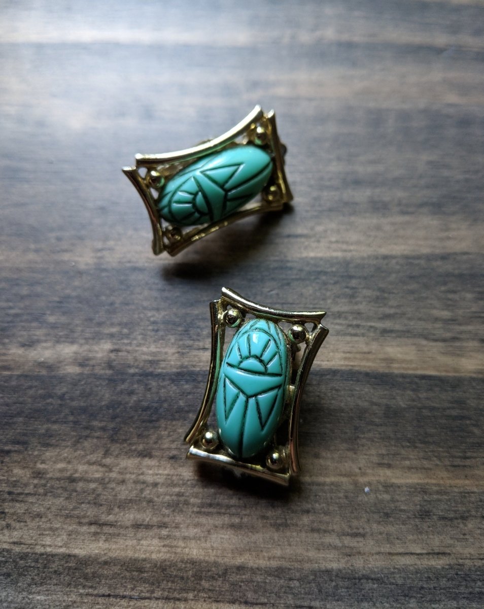 Vintage Judy Lee Egyptian Queen Aqua Turquoise Scarab Earrings - Dirty30 Vintage