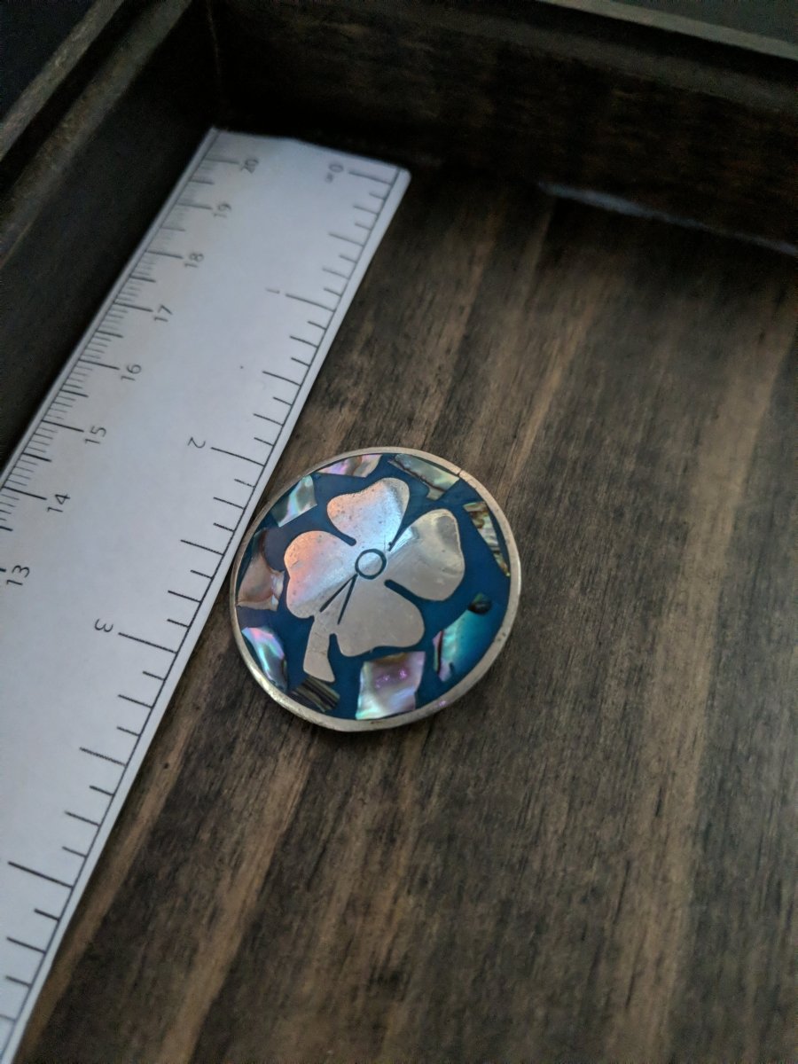 Vintage Mexico Silver Pendant / Brooch Pharaoh Clover Leaf Turquoise & abalone - Dirty30 Vintage