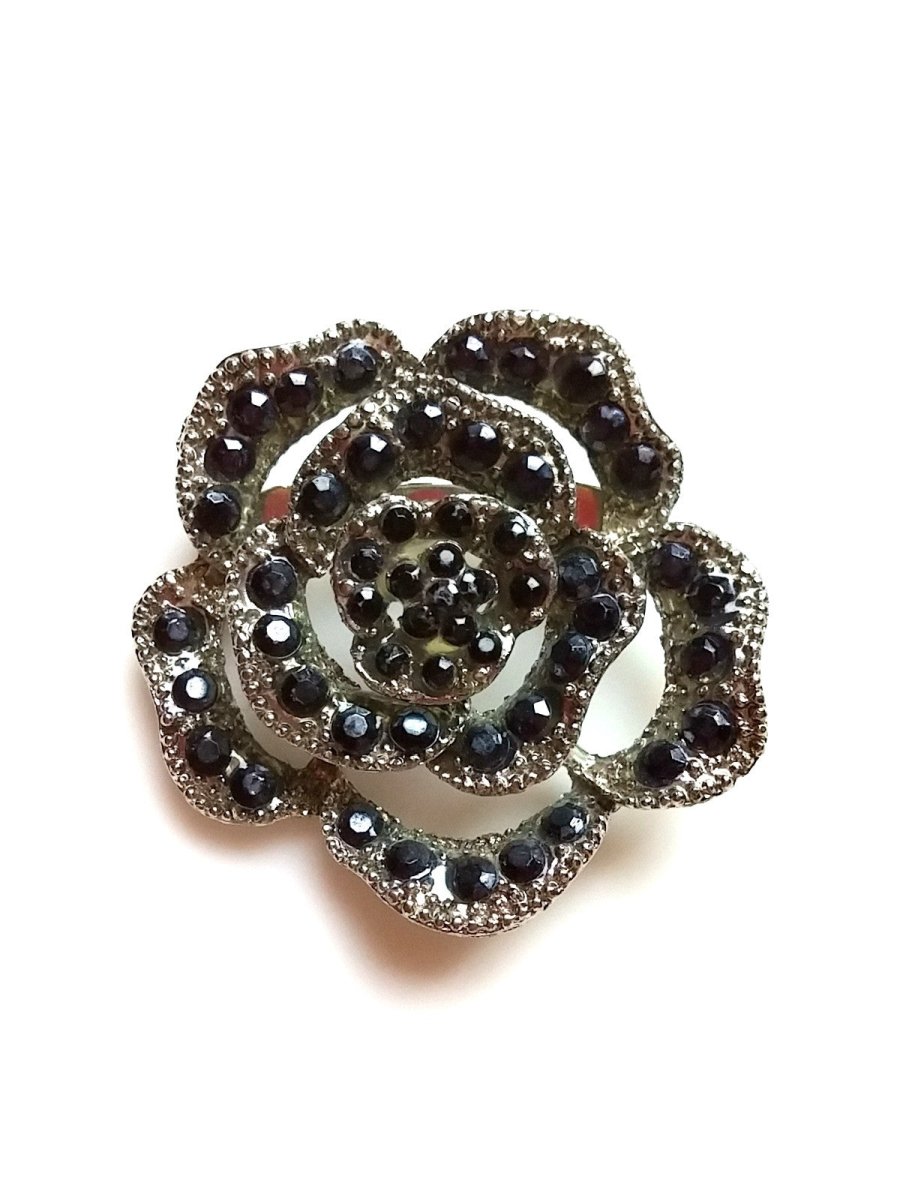 Vintage Open Flower Brooch Silver Tone w/ Black Rhinestones - Dirty30 Vintage