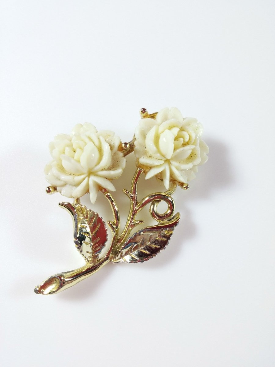 Vintage Rose Brooch Carved Celluloid Plastic Flower Pin Gold Tone - Dirty30 Vintage