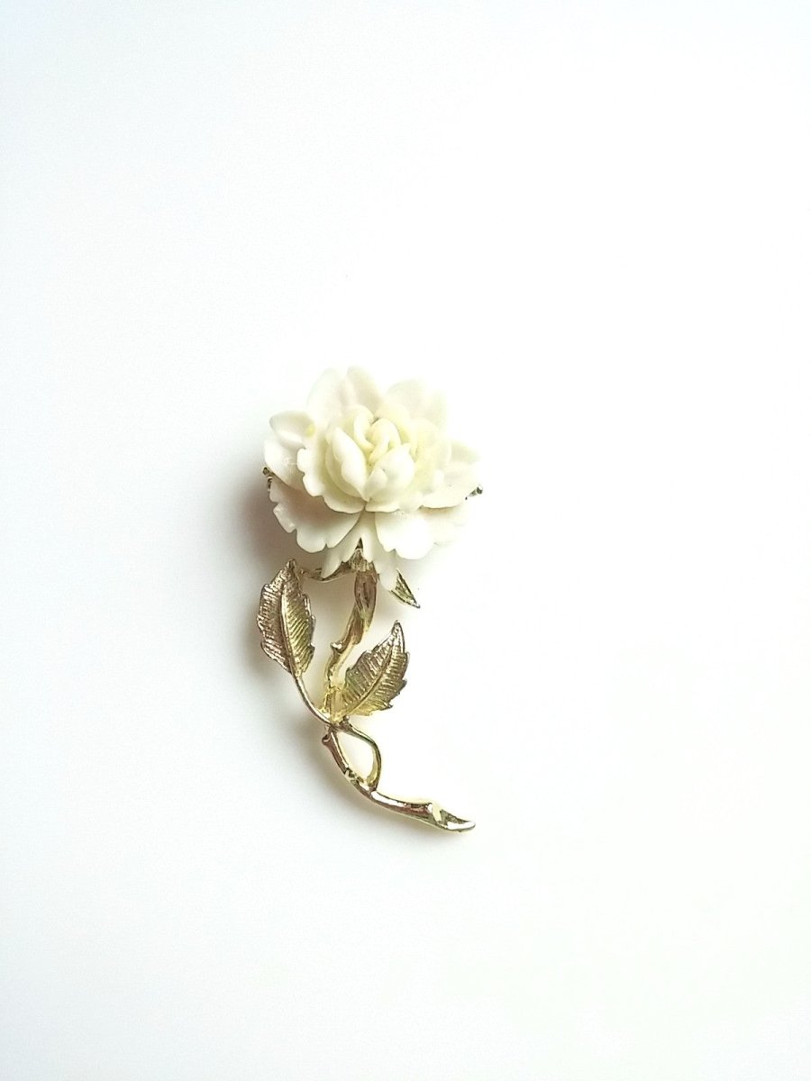 Vintage Rose Brooch Carved Celluloid Plastic Flower Pin Gold Tone - Dirty30 Vintage