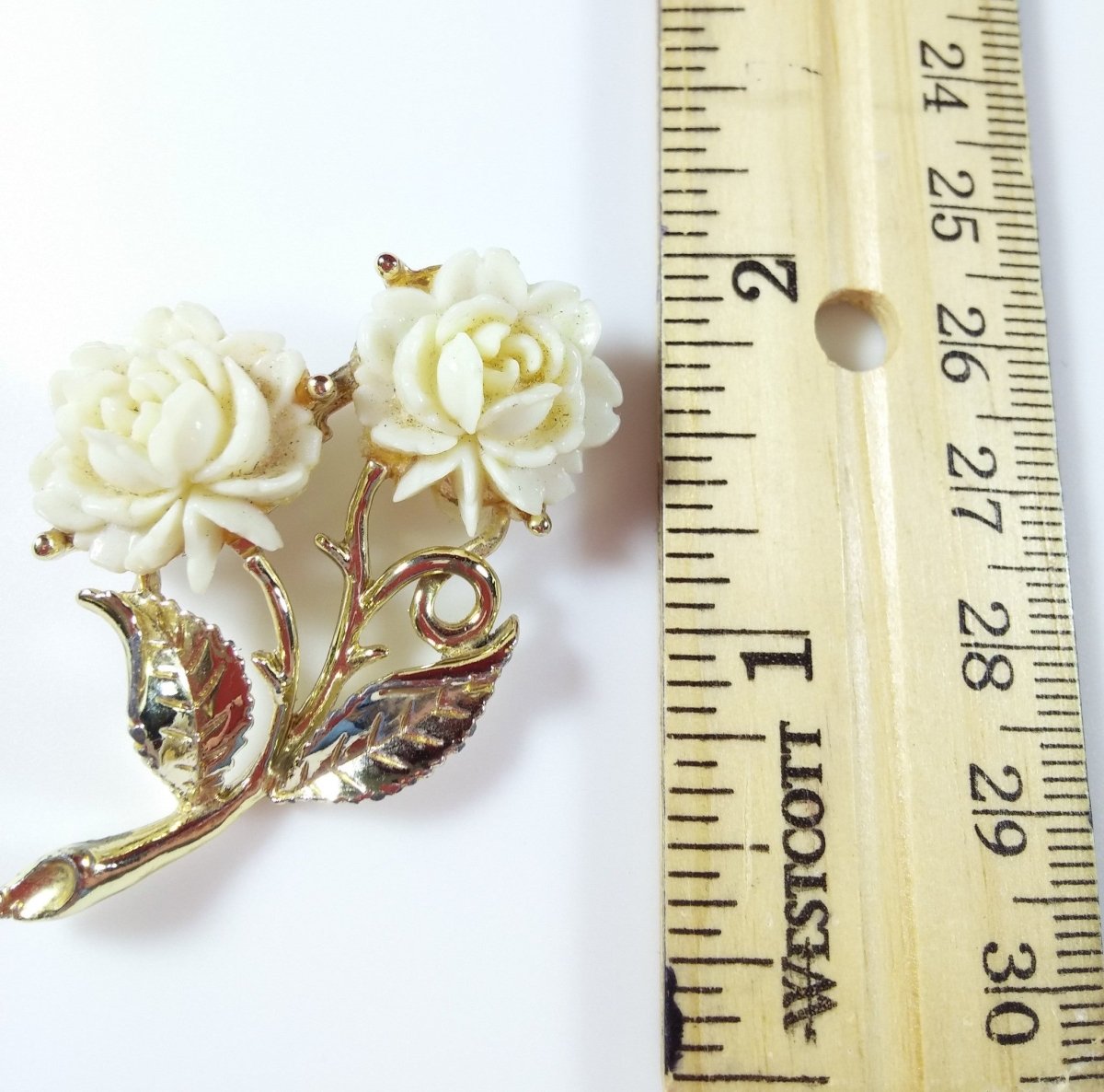 Vintage Rose Brooch Carved Celluloid Plastic Flower Pin Gold Tone - Dirty30 Vintage