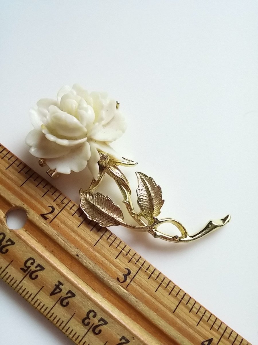 Vintage Rose Brooch Carved Celluloid Plastic Flower Pin Gold Tone - Dirty30 Vintage