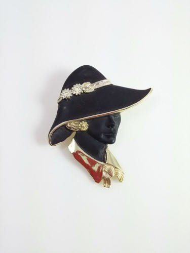 Vintage Torino 1980s Black and Gold Lady in Hat Brooch - Dirty30 Vintage