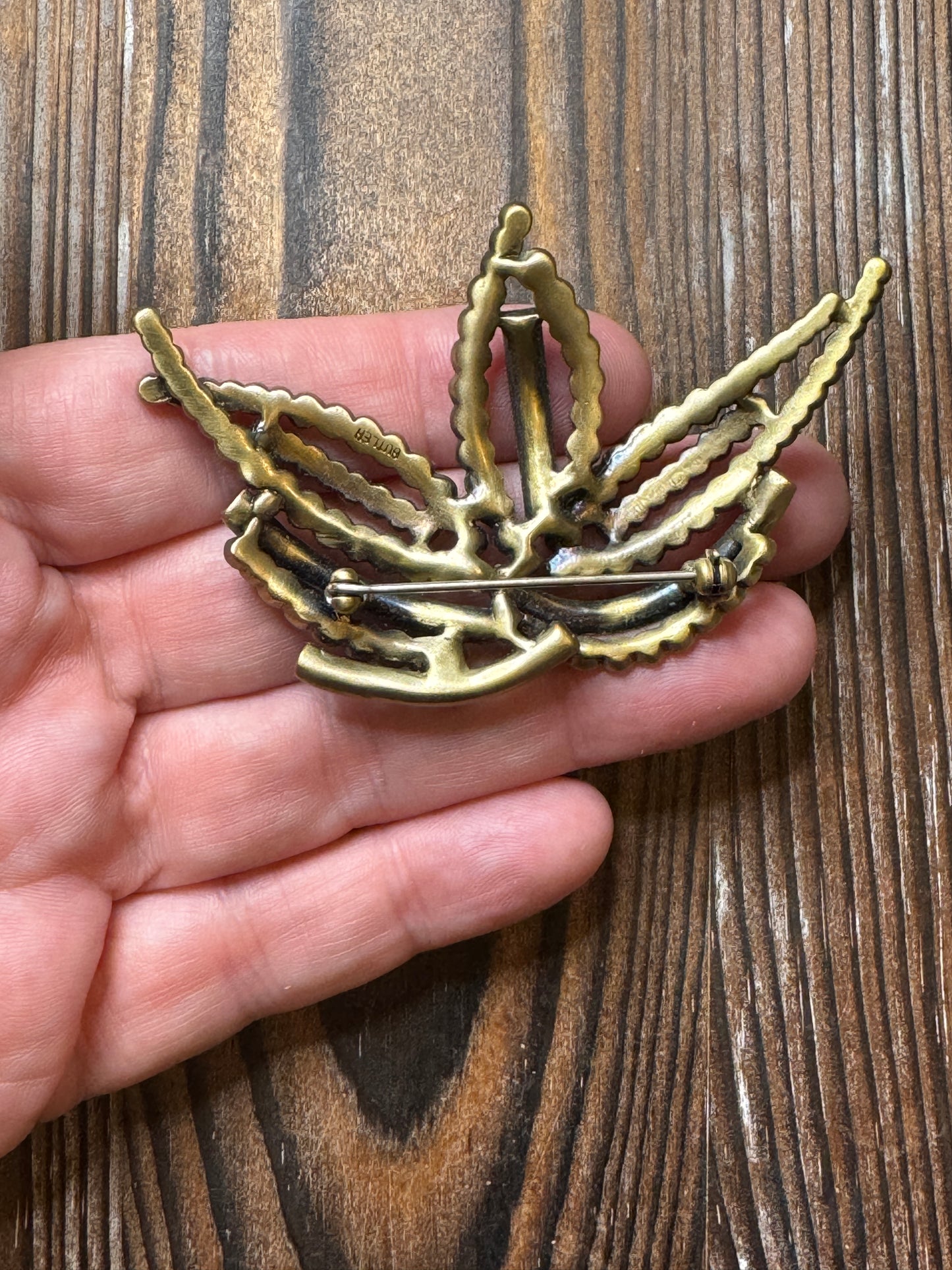 Vintage Butler Green Blue Rhinestone Crown Brooch Pin Statement