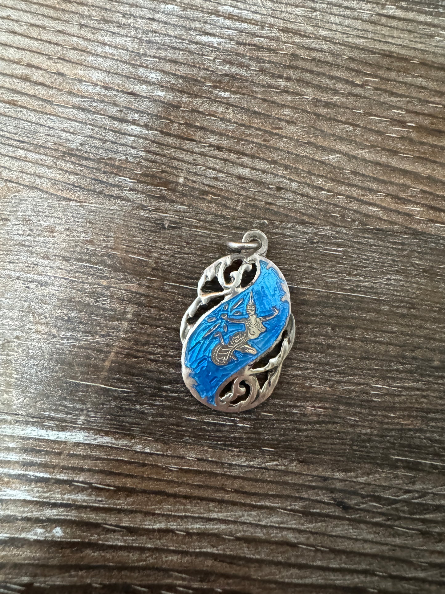 Vintage Siam Sterling Silver Blue Enamel Jewelry Set – Bracelet, Earrings & Pendant | Thai Goddess Mekkala Niello Style, Mid-Century Export Jewelry