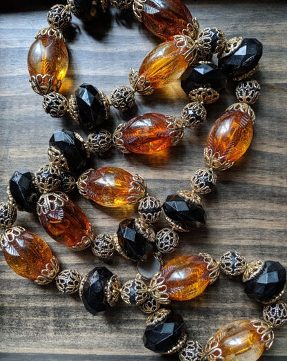 Vintage 60s 70s Amber Black Lucite Beaded Necklace Gold Filigree