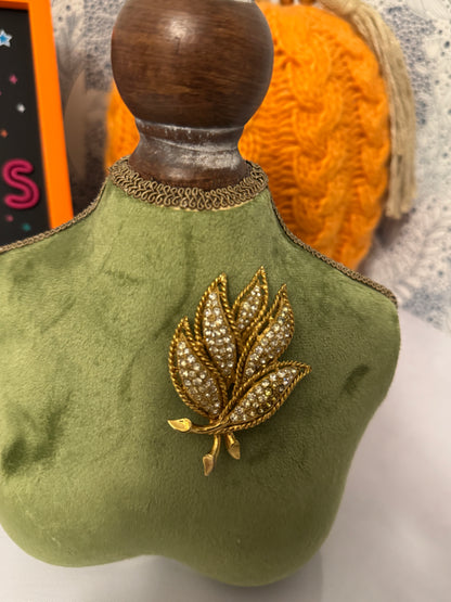 Vintage Hattie Carnegie Gold-Tone Leaf Brooch with Pavé Rhinestones | Mid-Century Designer Costume Pin