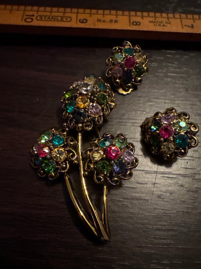 Vintage Hollycraft Brooch & Earrings Set | 1960s Multicolor Rhinestone Demi-Parure | Collectible Designer Jewelry