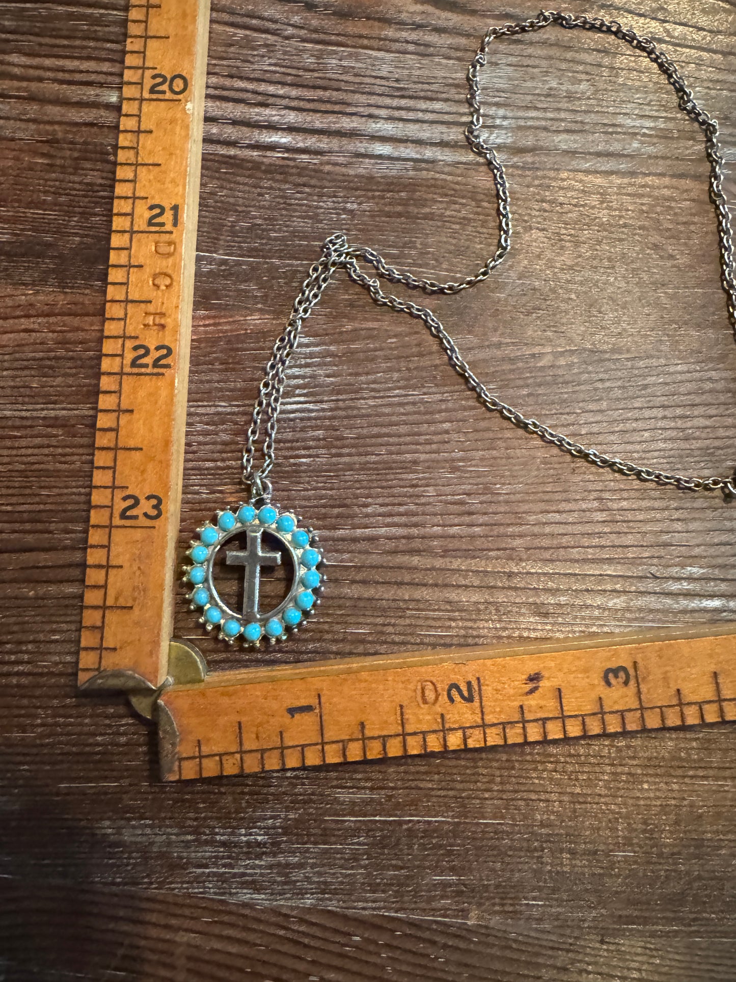 Cross Pendent Necklace- With Circle of Turquoise Colored Beads w/ Chain