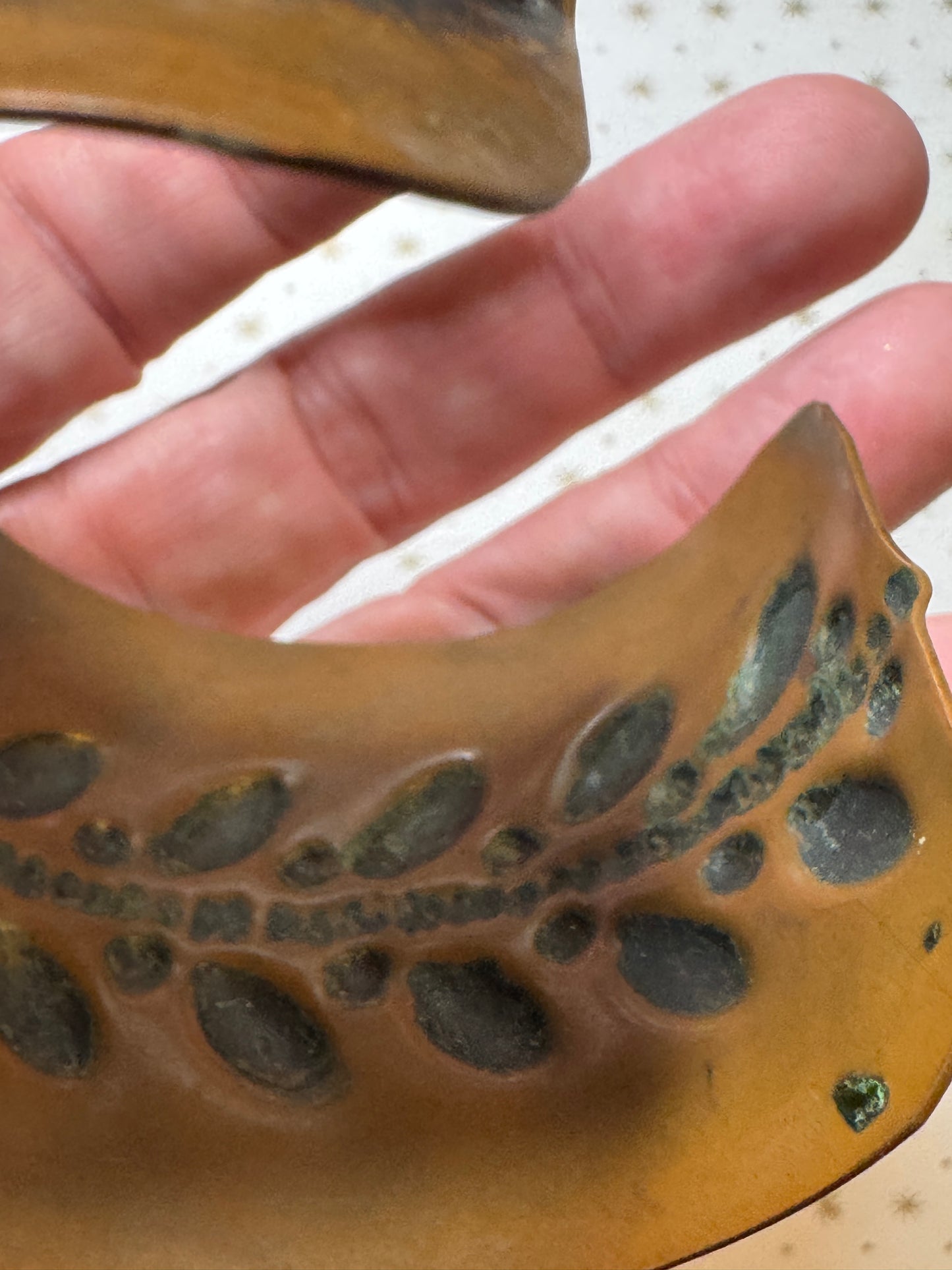 Vintage Copper Cuff Bracelet Wide Embossed Leaf Design Patina Boho