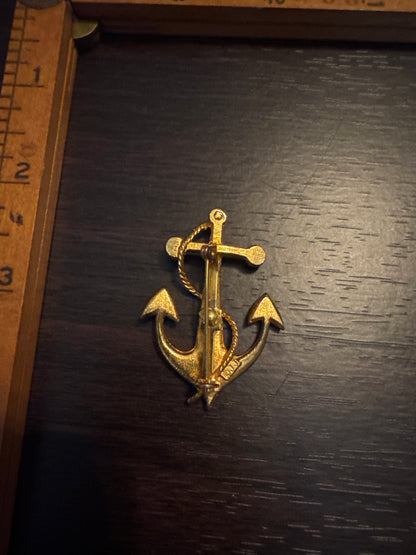 Vintage JJ Anchor Blue & Clear Rhinestone Circle Brooch - Patriotic