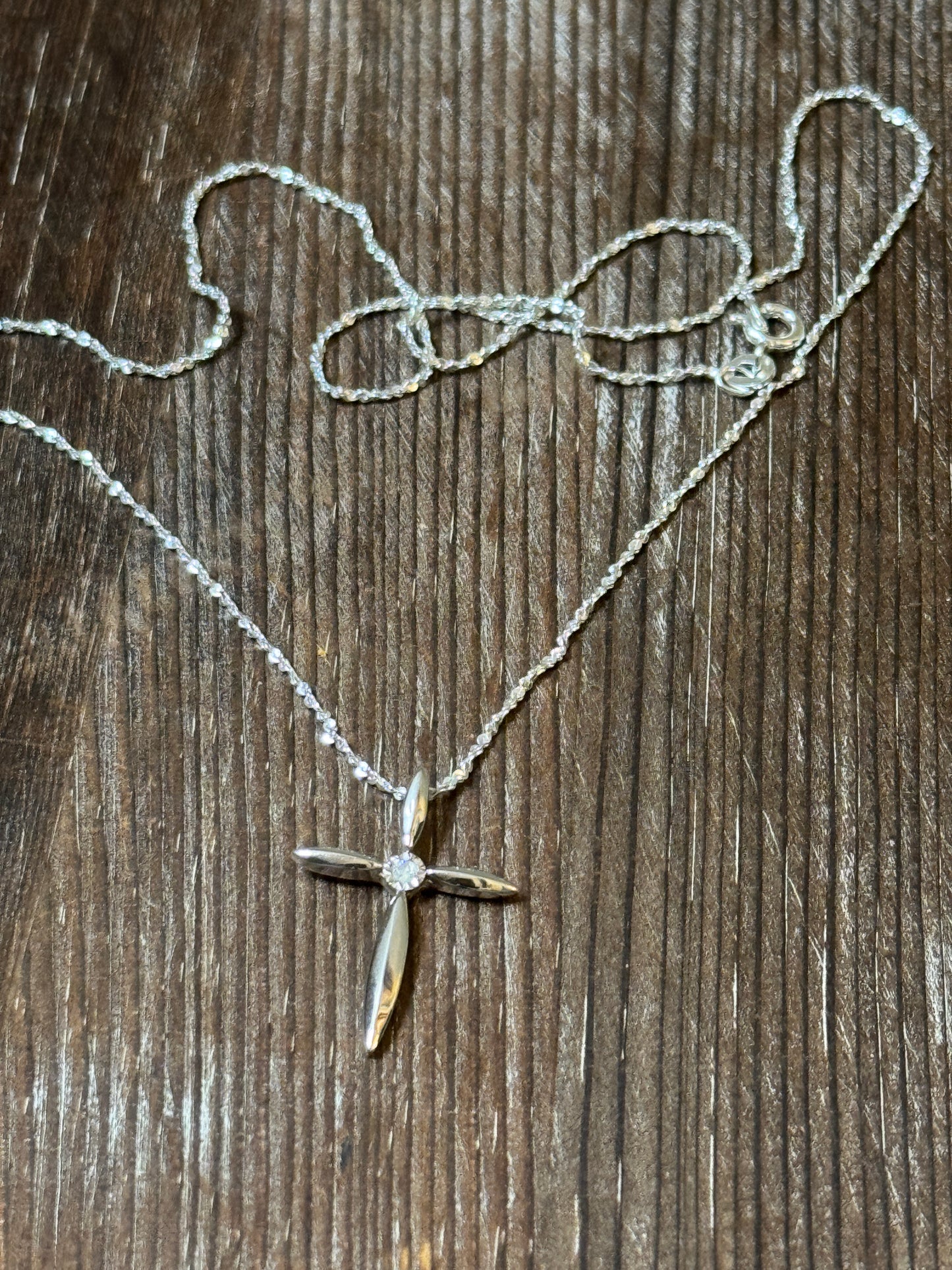 Sterling Silver Cross Necklace with Faceted Center Stone