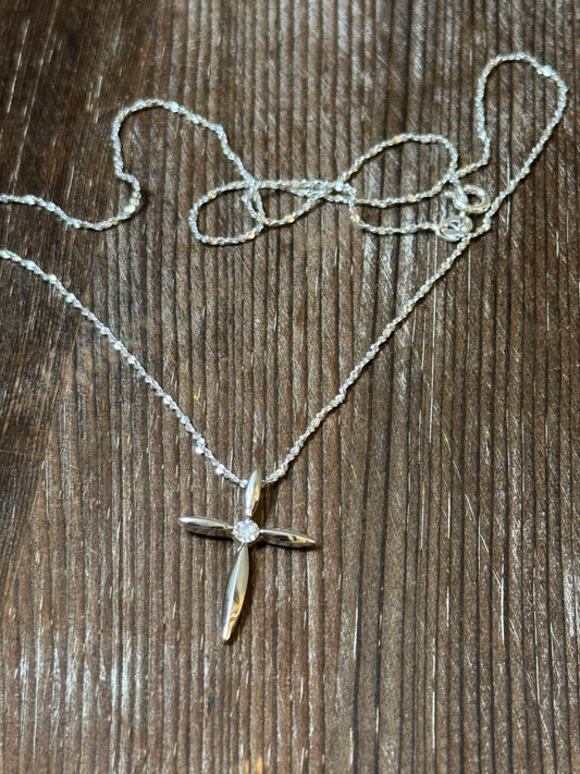 Sterling Silver Cross Necklace with Faceted Center Stone