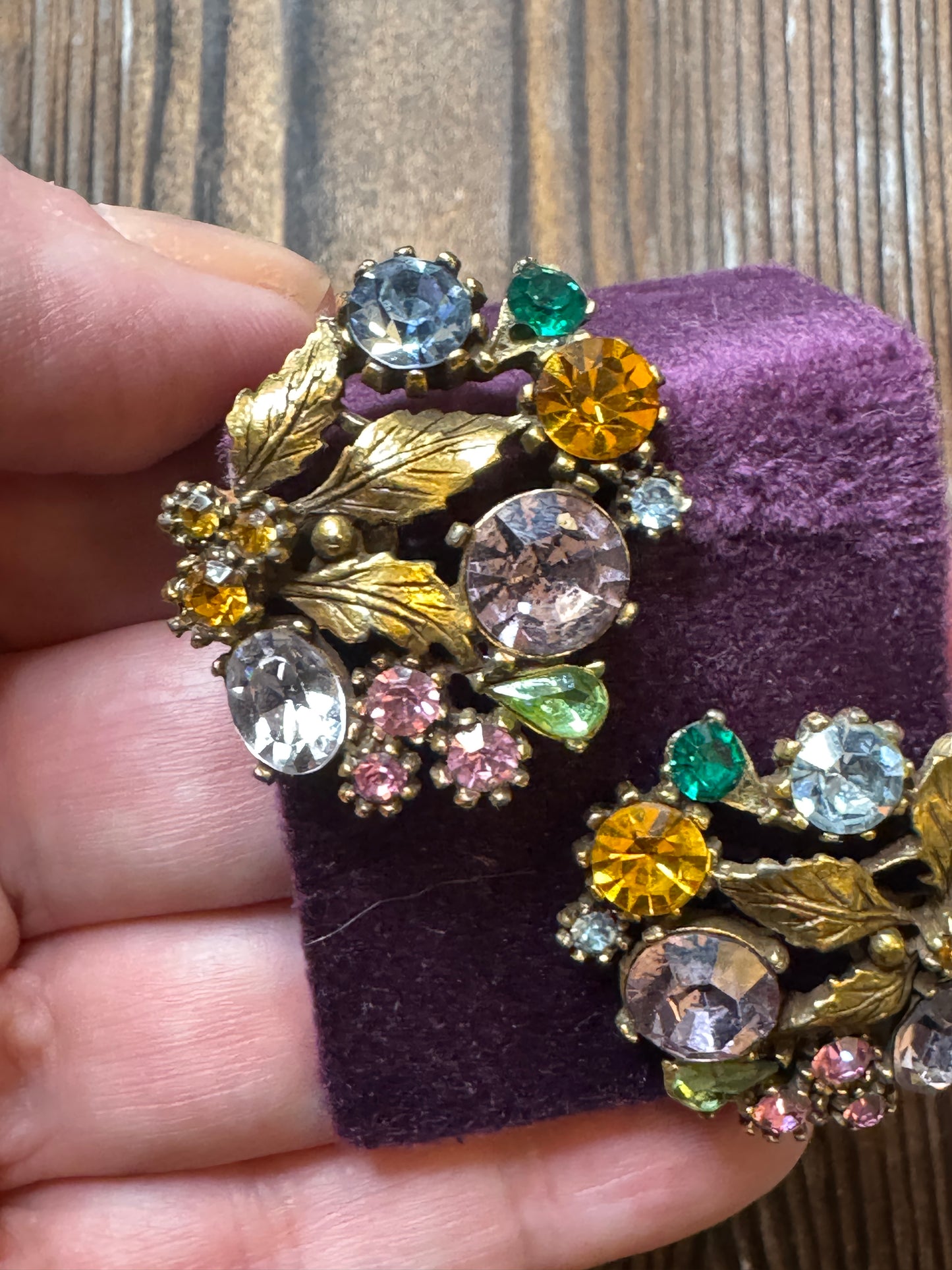 Vintage Lisner Multi Color Rhinestone Leaf Earrings Clip On Fall