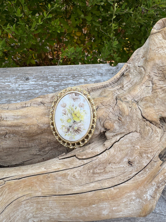 Vintage 1970s Hand-Painted Porcelain Floral Brooch