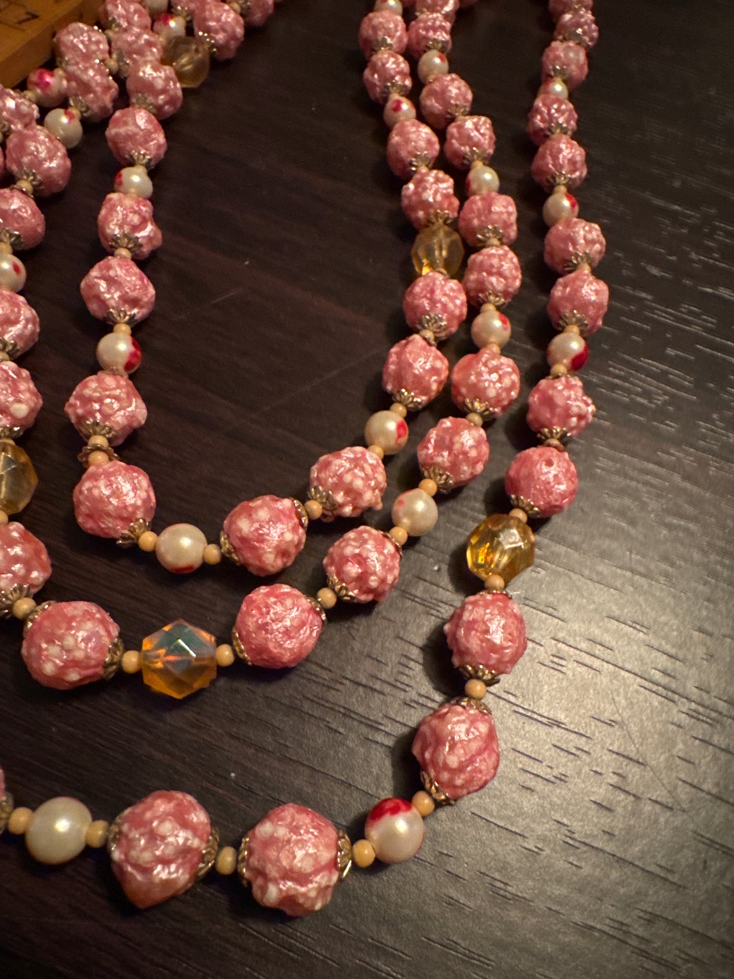 Vintage Pink Textured Bead Necklace - Romantic Rose Garden