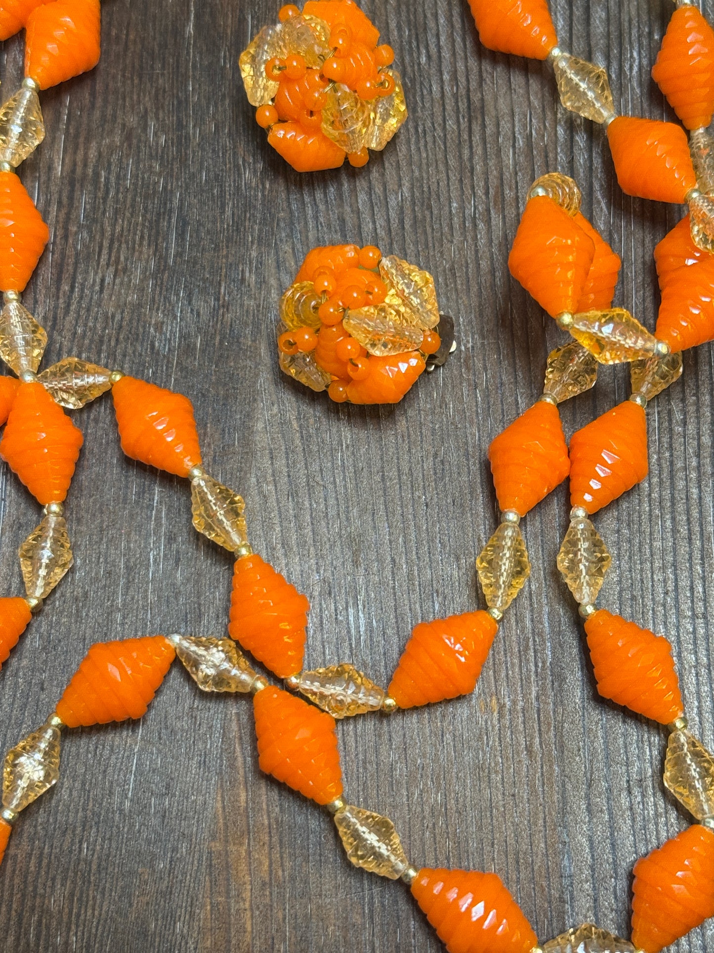 1960s Hong Kong Orange & Amber Plastic Bead Necklace and Clip Earrings Set